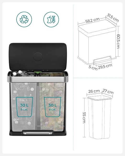 SONGMICS Kitchen Trash Can, 16 Gallon Dual Compartment Garbage Can, 60L Pedal - Image 3