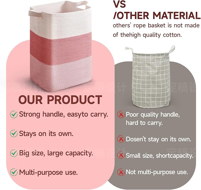 CLHMILY&Z 75L Laundry Hamper Rectangular Pink Rope Basket - Image 6