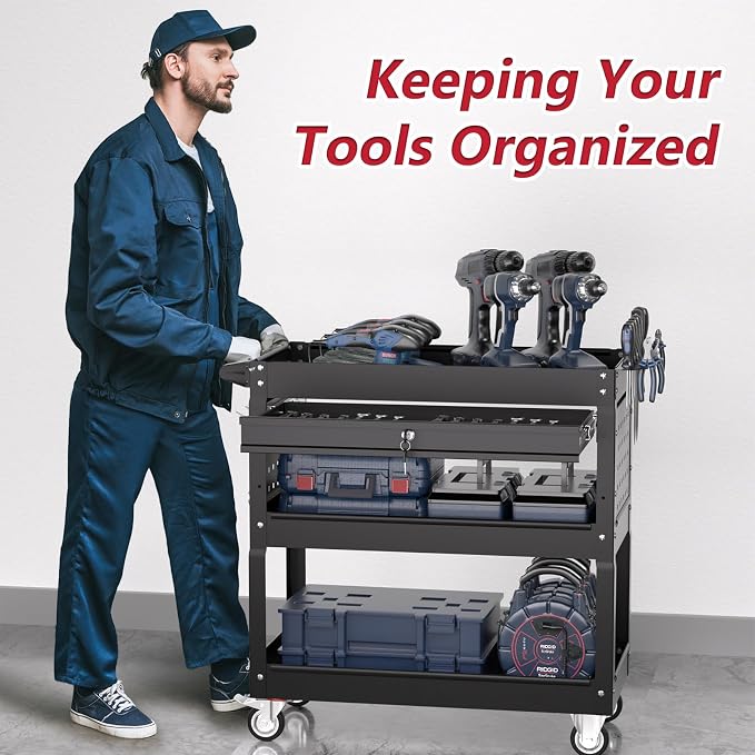 3 Tier Rolling Tool Cart on Wheels, Heavy Duty Service Cart Industrial Utility - Image 4