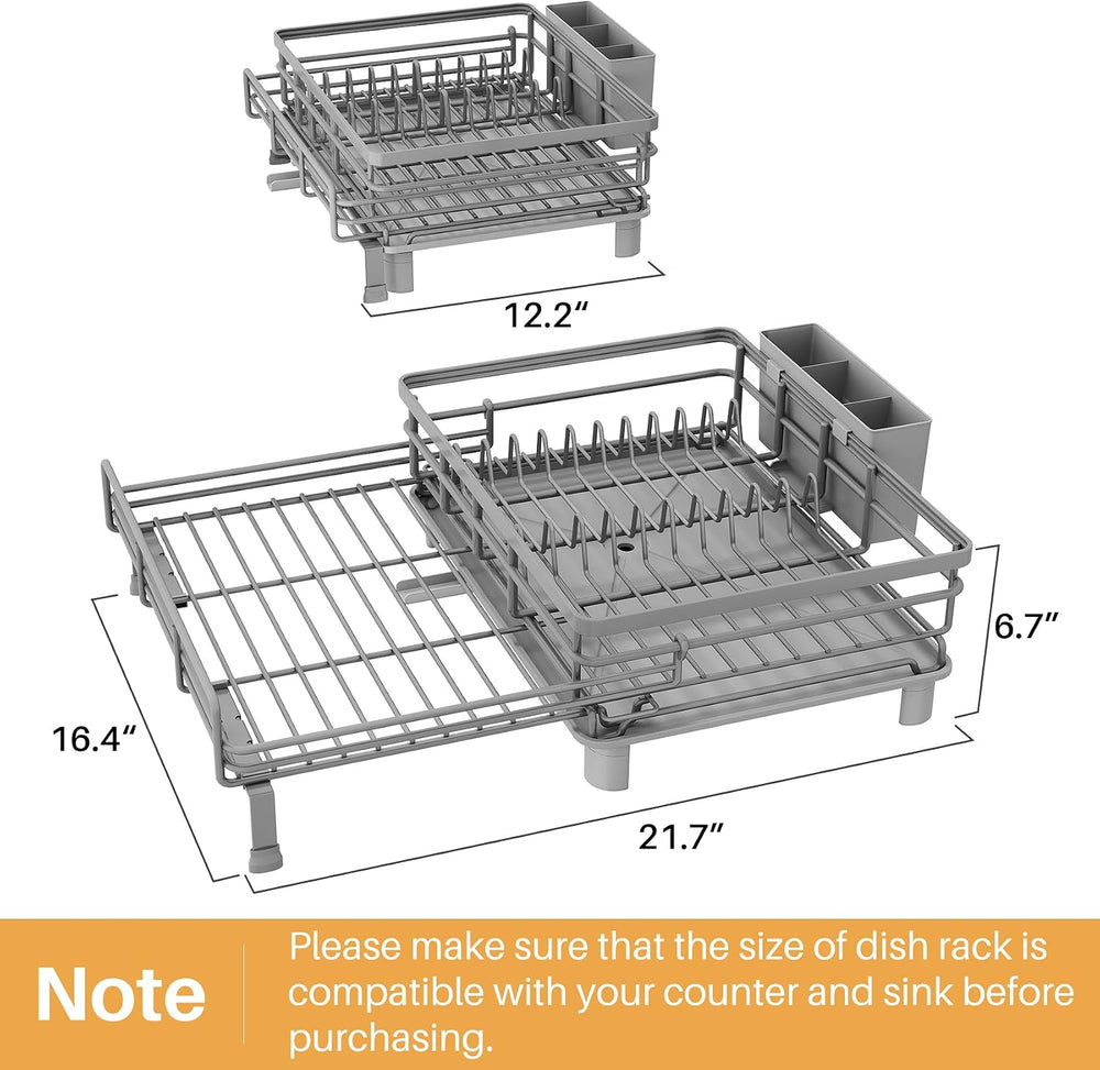 SNTD Expandable Dish Drying Rack for Kitchen Counter, Stainless Steel, Grey