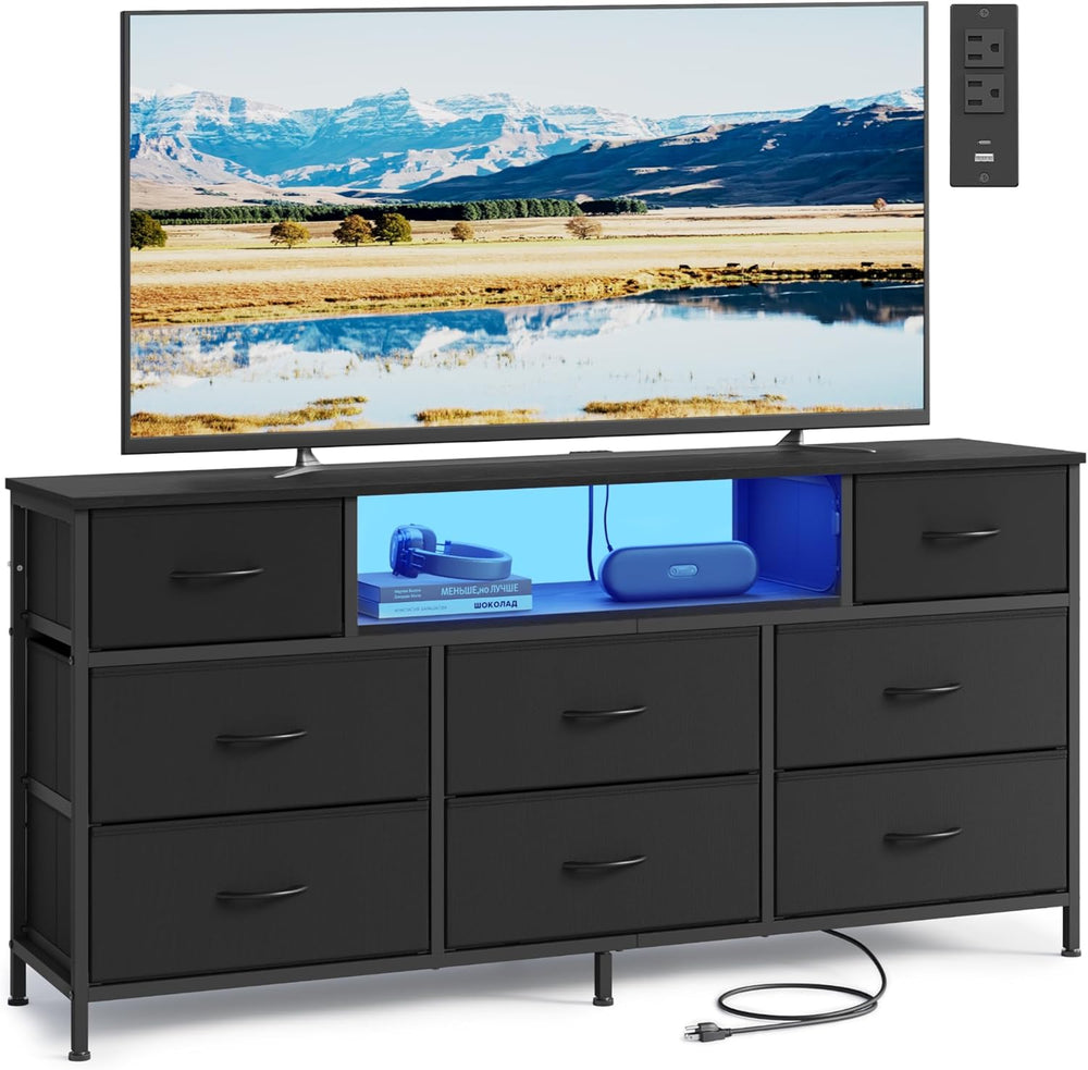 SONGMICS Dresser for Bedroom with Outlets & LED Lights, 8 Fabric Drawers