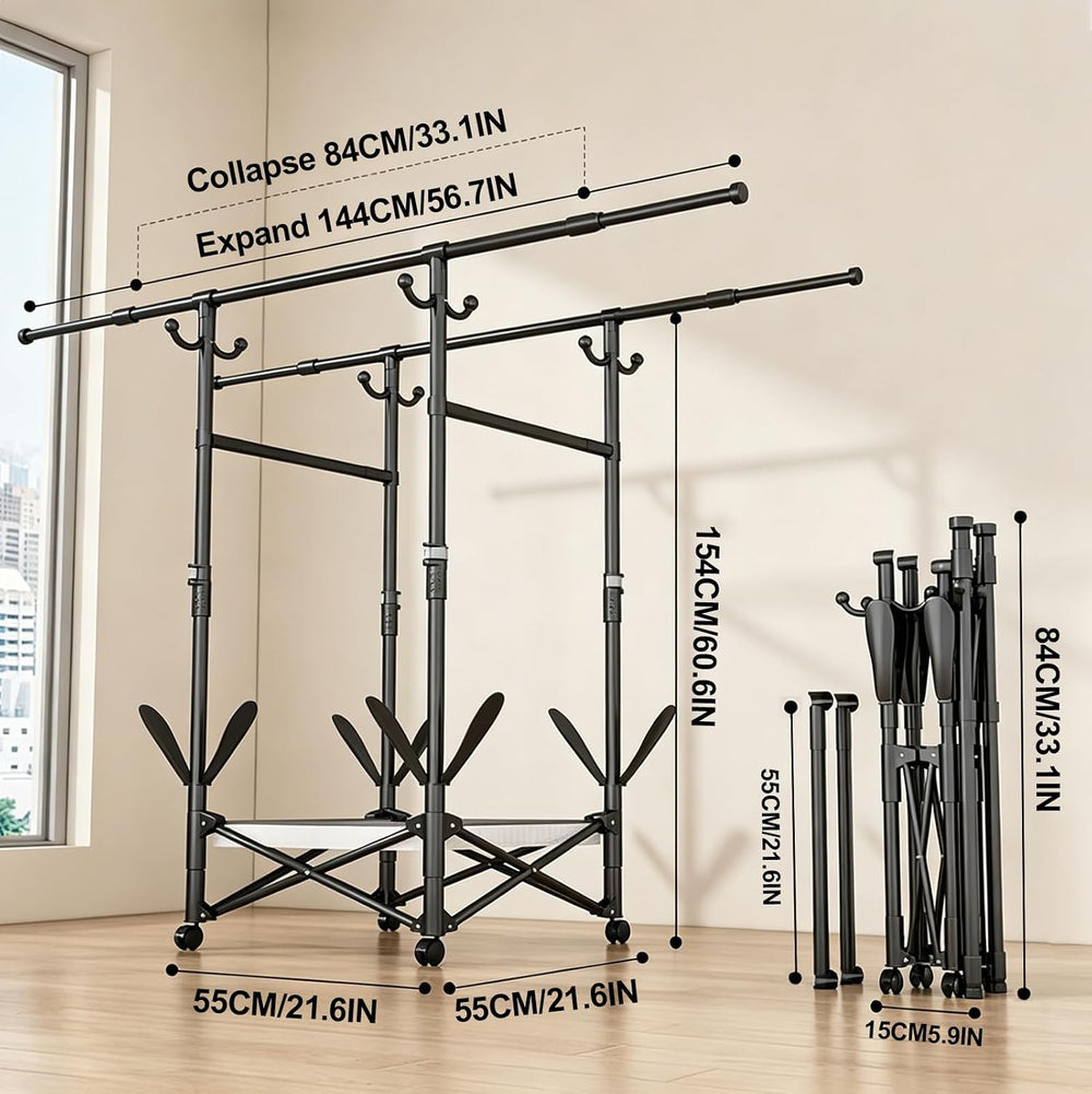 Foldable Collapsible Rolling Clothes Drying Rack,Adjustable Double Rods Laund...