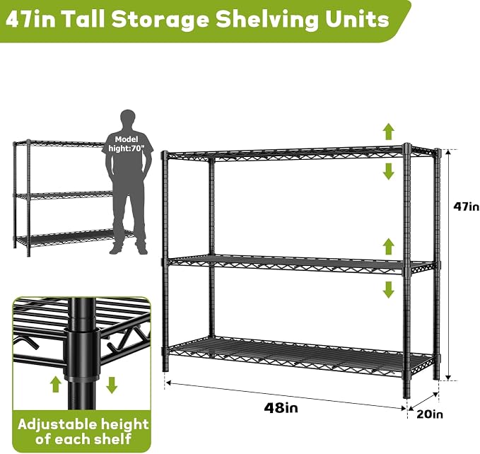 Storage Shelves, 3-Tier Adjustable Metal Industrial Utility Shelf Rack - Image 3