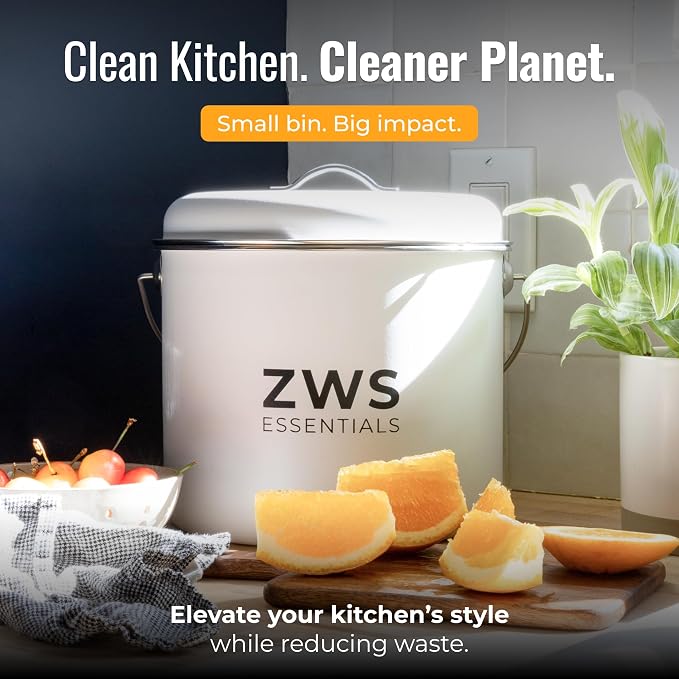 White Stainless Steel Compost Bin | 6.5L Odor-Free Kitchen Countertop Food - Image 7