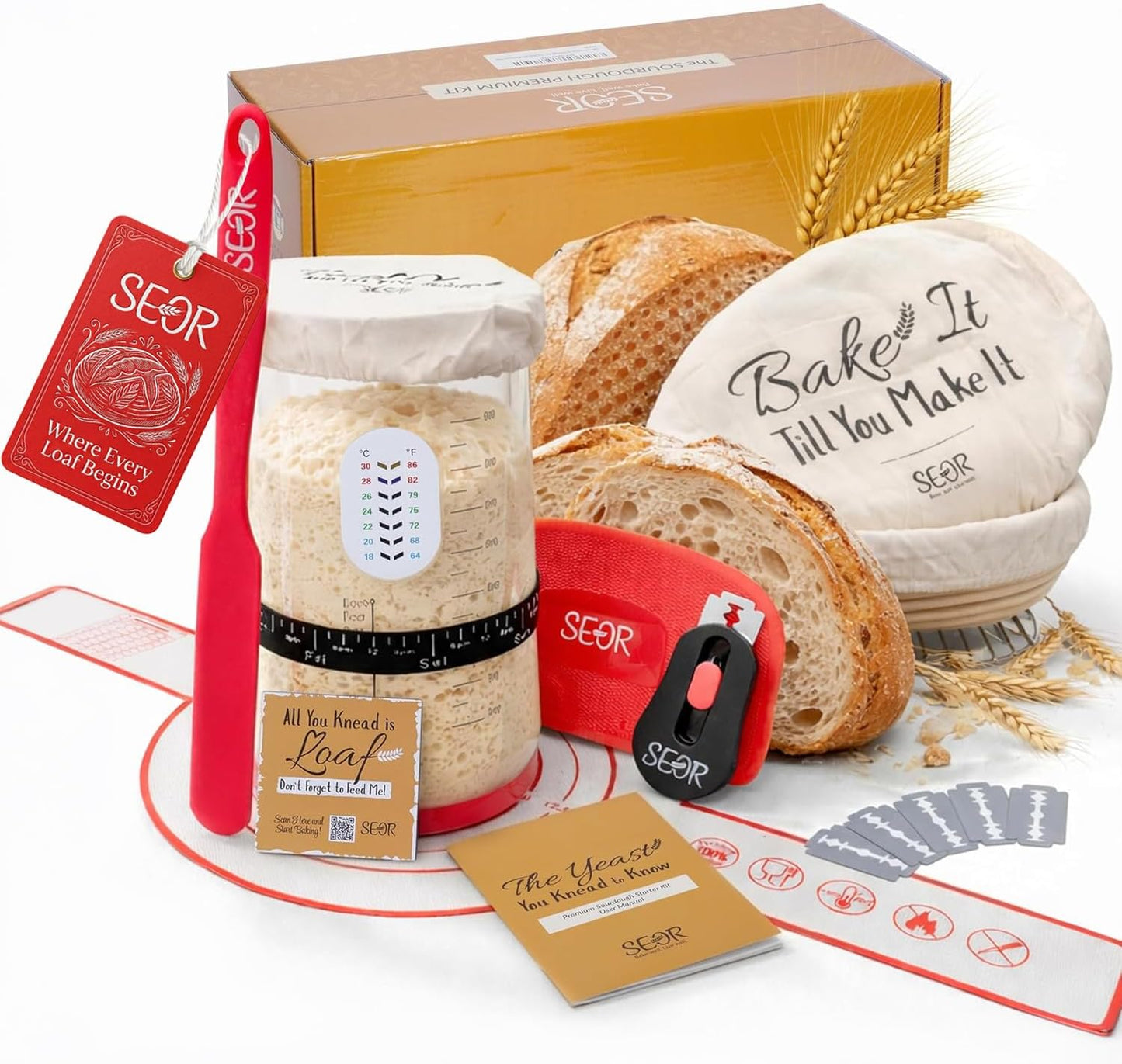 SEOR Premium Sourdough Starter Kit 42oz Glass Jar – Complete Sourdough Bread Baking Supplies with Banneton Proofing Baskets, Sour dough Tools & Accessories, Bread Making Kit