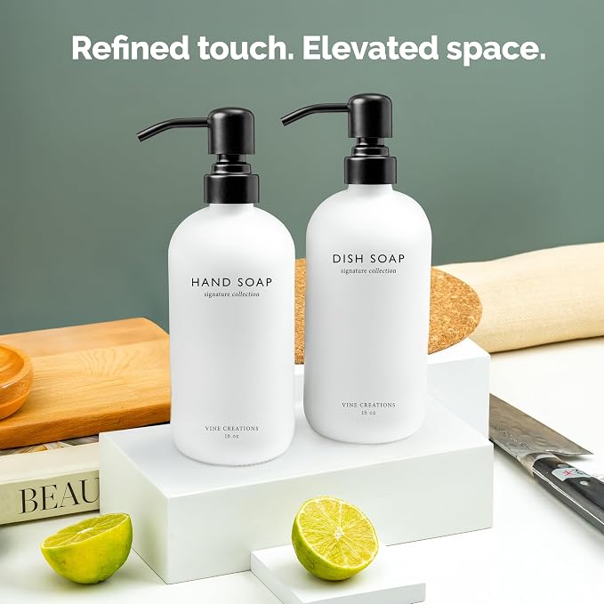 Vine Creations White Glass Soap Dispenser Set, Dish Soap and Hand Soap - Image 6