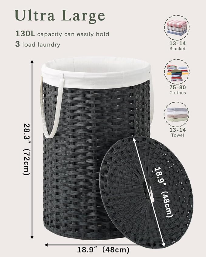 Large Laundry Hamper Laundry Basket Round 34.3 Gal Handwoven Wicker Laundry