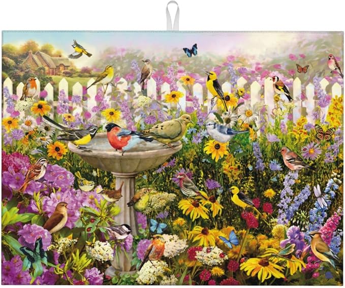 Spring Colorful Birds flowers butterfly Absorbent Microfiber Xl Dish Drying Mat by GOCGRVOfficialOnline