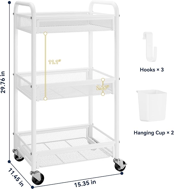 YASONIC 3 Tier Rolling Cart – Metal Utility Storage Cart - Image 6
