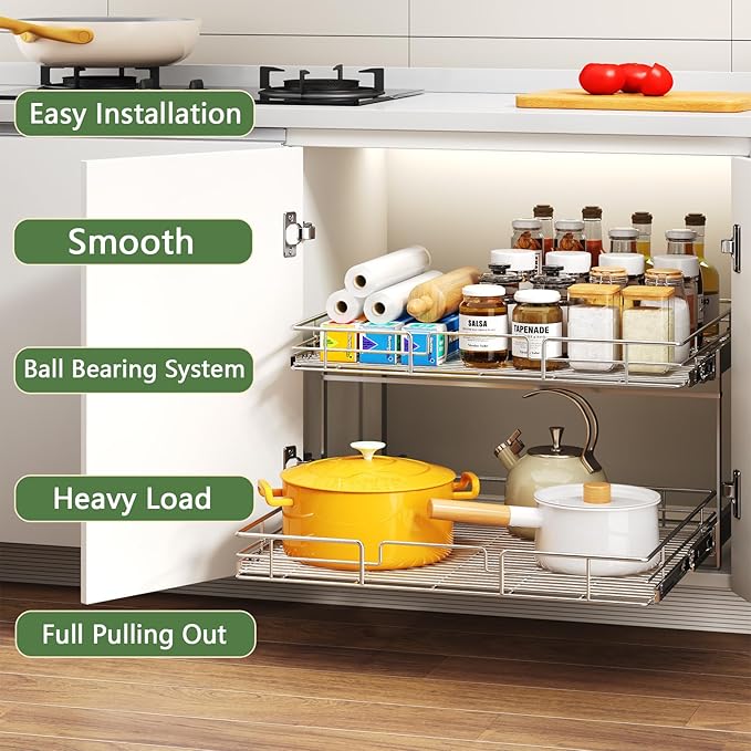 2 Tier Individual Pull Out Cabinet Organizer 25½" W x 21½" D, Heavy Duty - Image 2