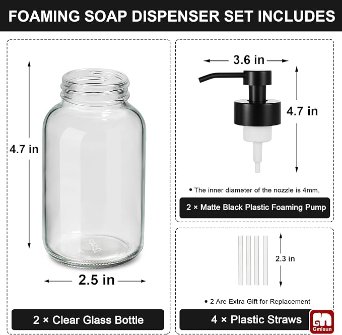 GMISUN Foam Soap Dispenser, 2 Pack 8.5 fl oz / 250 ml Clear Glass Soap Dispenser - Image 7