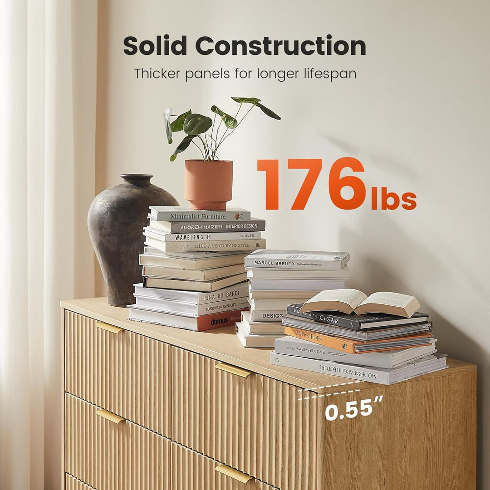 Amada Fluted 6 Drawer Dresser, Modern Wood Chest of Drawers, Natural Oak