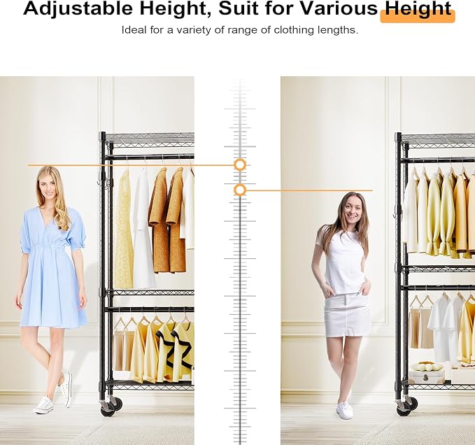 Heavy Duty Rolling Garment Rack 3 Tiers Adjustable Wire Shelving Clothes Rack - Image 7