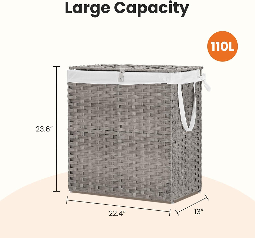 110L Laundry Hamper with Lid, Hand-Woven Pp Rattan Laundry Basket with Compar...
