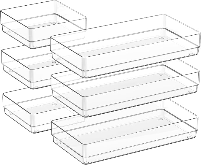 SMARTAKE 6 PCS Clear Plastic Drawer Organizers Set, Large Size Non-Slip Desk by SMARTAKE
