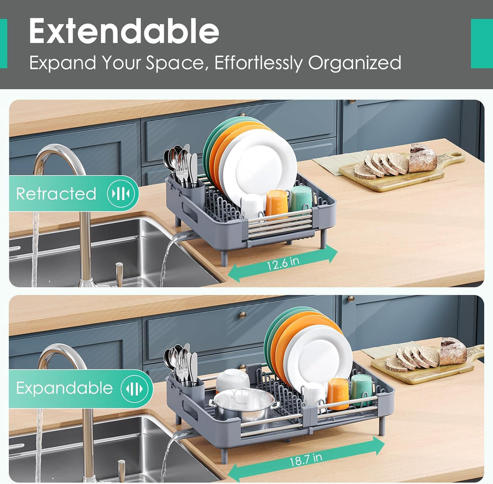 TOOLF Expandable Dish Drying Rack for Kitchen Counter, Standard, Grey