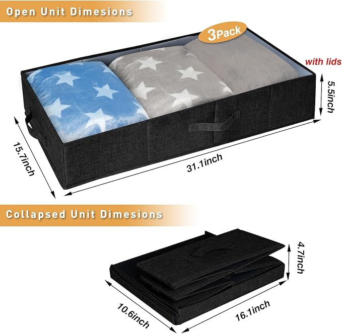 punemi Under The Bed Storage Containers 3 Pack, 6 Inch Tall Stackable Underbed - Image 3