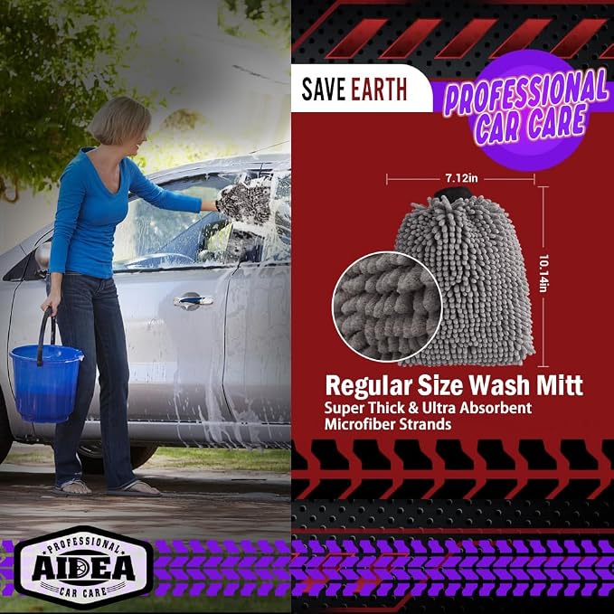 AIDEA Car Wash Mitt Microfiber-2Pack, Scratch-Free& Lint-Free, Premium Chenille - Image 2