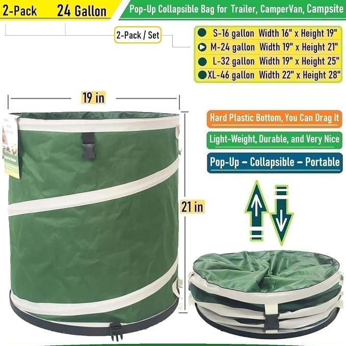 2-Pack 24 Gallon Collapsible Trash Can Solid Bottom - Image 5