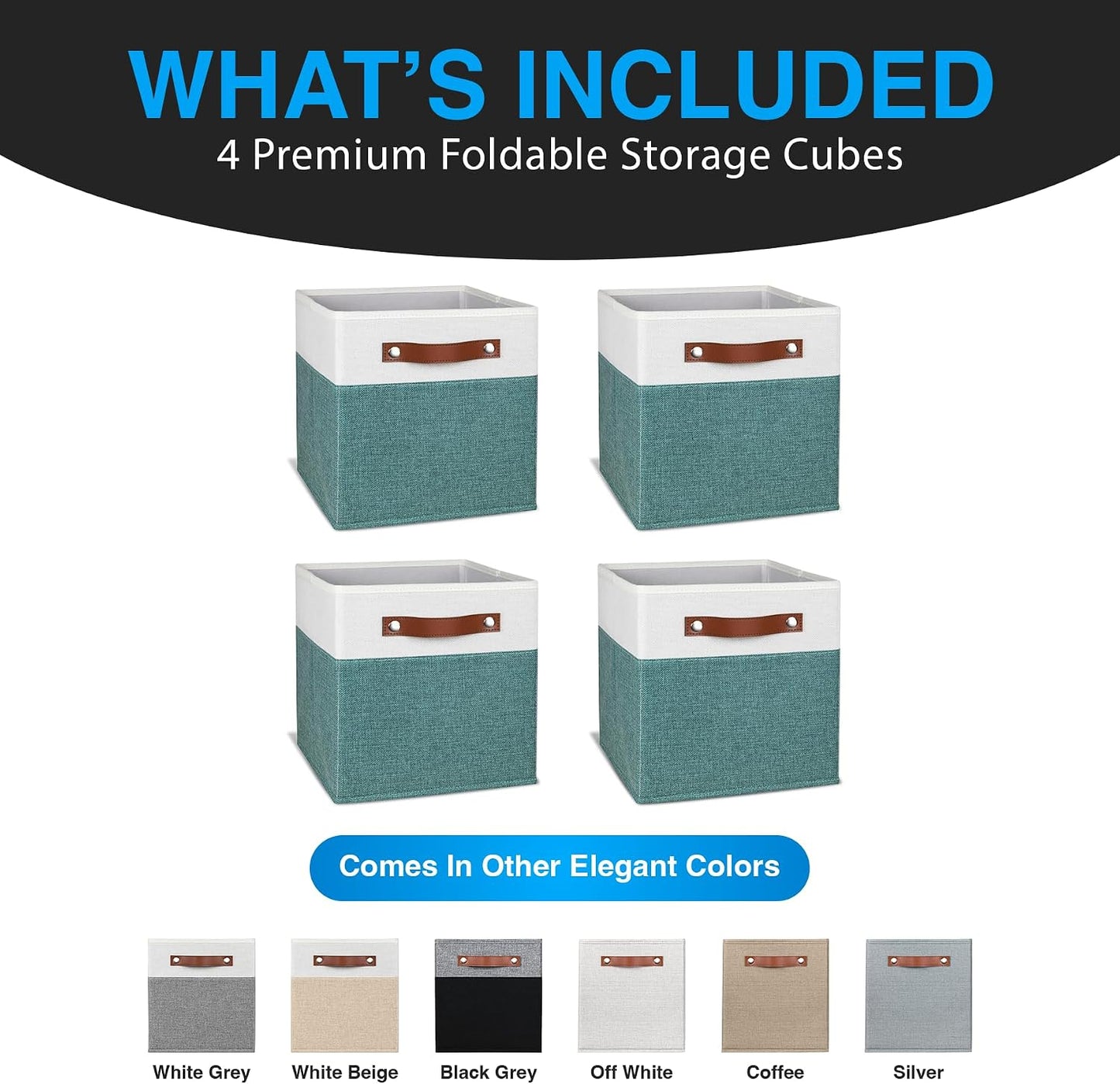 11 Inch Cube Storage Bin - 4 Pack - Linen Fabric 11x11 Cube Storage Bins for Bedroom, Living Room, Clothes and Toys; Foldable, Dual Leather Handles