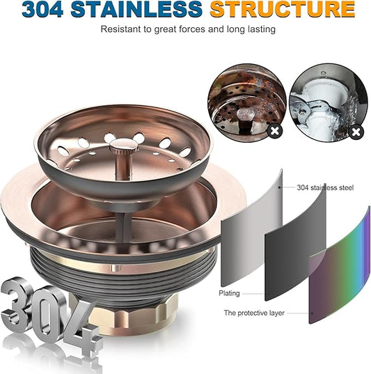BOTEMY Stainless Steel Copper Sink Drain Strainer Kit 3-1/2 inch Kitchen Drain - Image 2