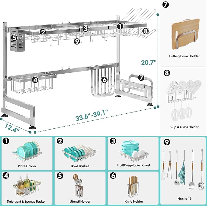 MAJALiS Over Sink Dish Drainer Drying Rack, 2 Tier Stainless Steel Dish Rack - Image 6