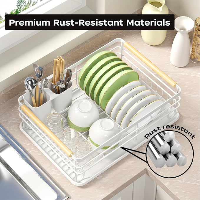 Dish Racks for Kitchen Counter: Wooden Handles, Thickened Metal, No Assembly. - Image 3