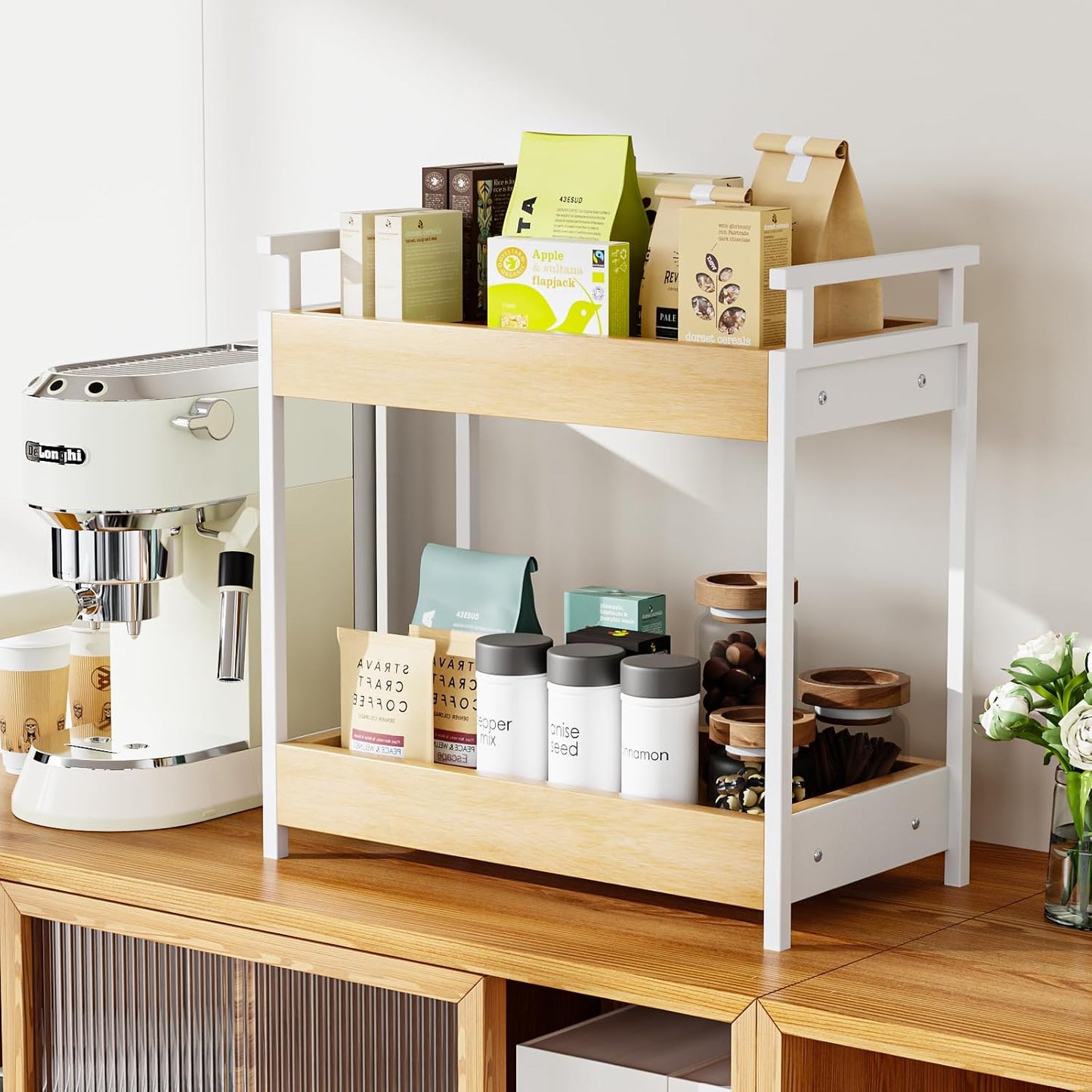KLM Countertop Coffee Station Organizer, 2 Tier Wooden Shelf for Coffee Bar Accessories, Condiment Storage Caddy for Kitchen, Bathroom Counter Organizer, Home, Office - Natural