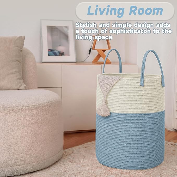 Large Woven Laundry Basket Hamper, 80L Cotton Rope Storage Bin - Image 3