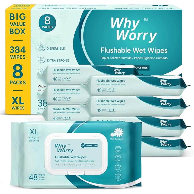 WhyWorry Flushable Wipes for Adults, Extra Large 8"x10" Butt Wipes for Personal by WHYWORRY