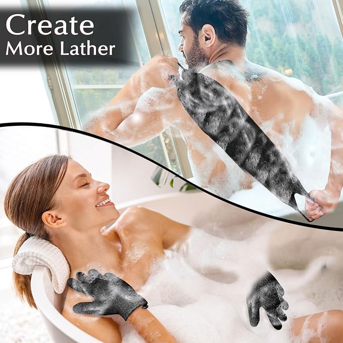 Anezus Exfoliating Back Scrubber Bath Gloves Set, Exfoliating Shower Towel - Image 2