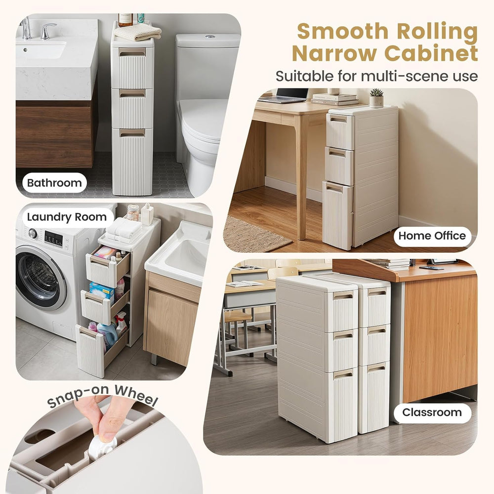Byroce 3-Tier Narrow Storage Cabinet with Wheels, Slim Rolling Plastic Drawer...