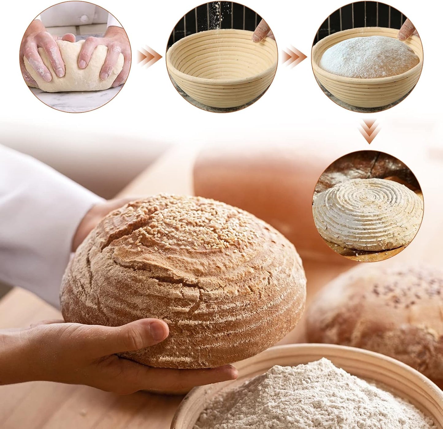 Rattan Banneton Bread Proofing Basket Set of 2, 9 Inch Round | For sourdough, boule and artisan loaves; supports dough during final proof for easier shaping and defined spiral lines