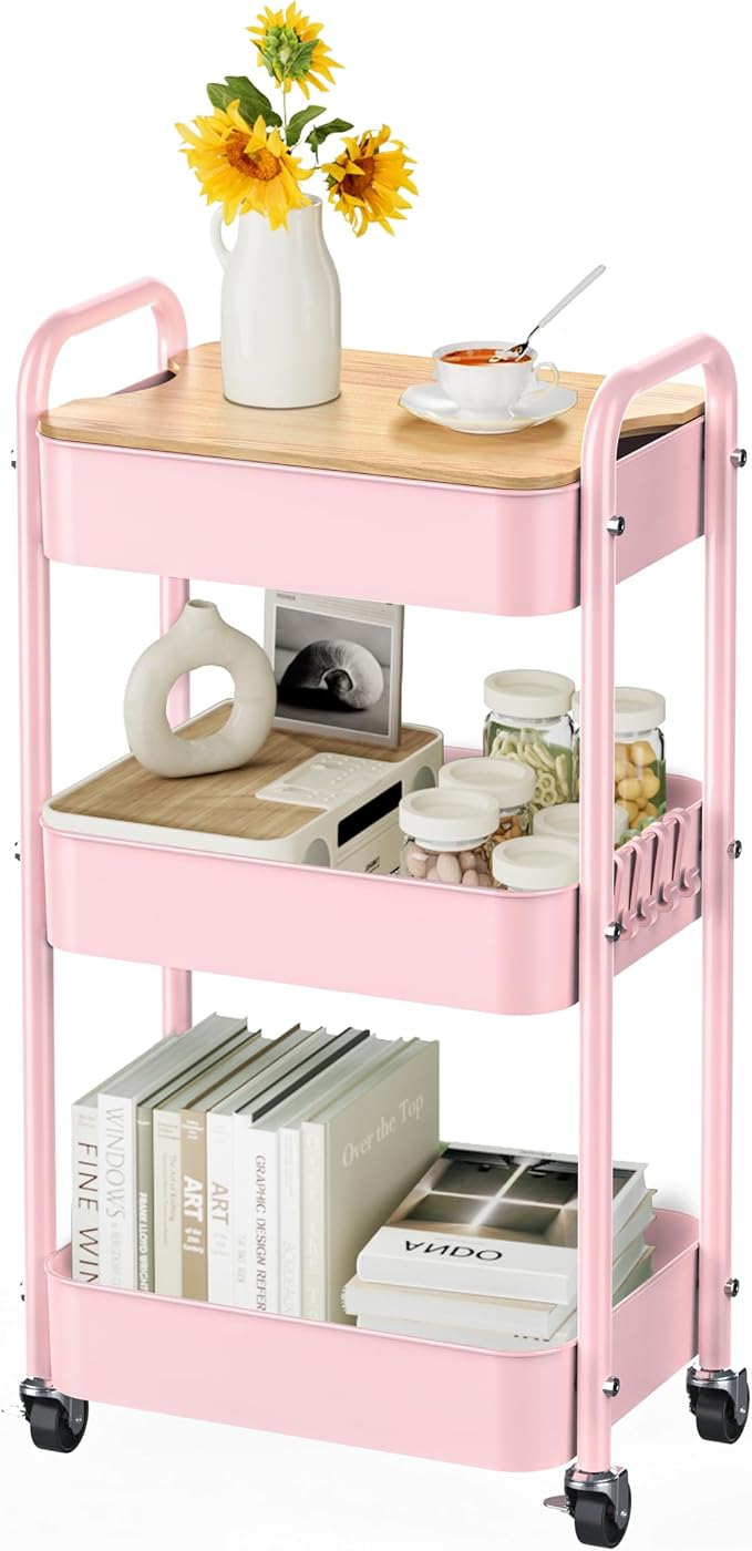 3 Tier Rolling Cart with Table top, Metal Rolling Utility Cart, Sturdy Storage by Johgee