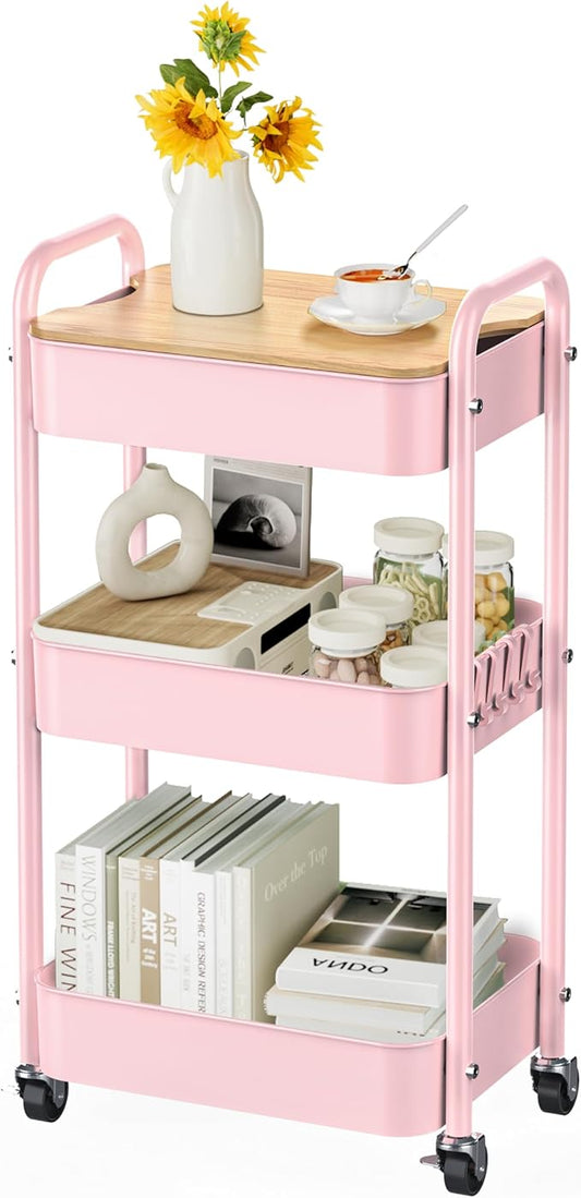 3 Tier Rolling Cart with Table top, Metal Rolling Utility Cart, Sturdy Storage by Johgee