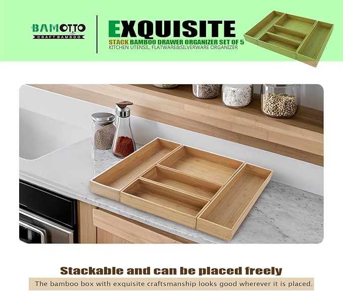 Stack Bamboo Drawer Organizer Set of 5, Kitchen Utensil, Flatware&Silverware - Image 6