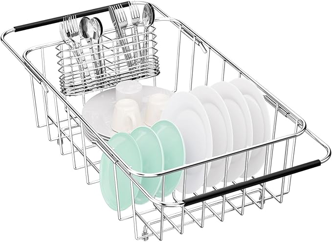 Dish Drainer Rack in Sink Adjustable, Expandable 304 Stainless Steel Metal Dish by SwetLao