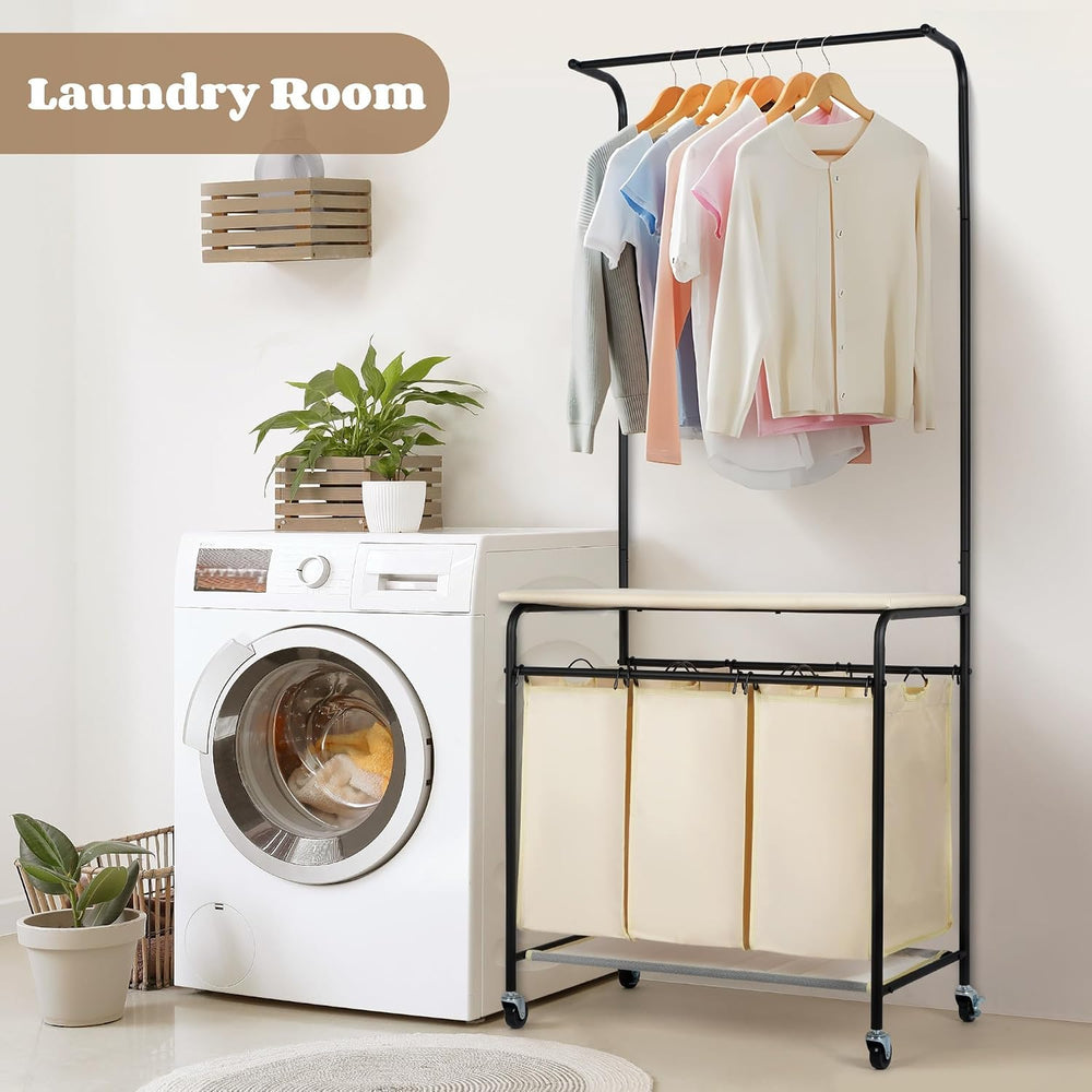 MYOYAY 3 Section Laundry Sorter with Garment Hanging Bar Rack Foldable Ironin...