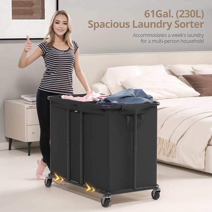 Laundry Hamper with Wheels, 2-Section 230L Large Capacity, Heavy-Duty Rolling - Image 3