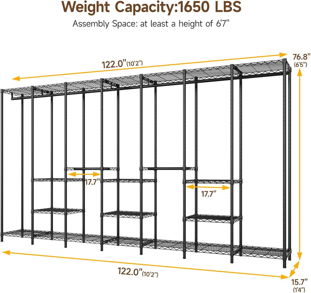 ONBRILL F7 Portable Metal Clothing Rack with Shelves & Hanging Rods, Black