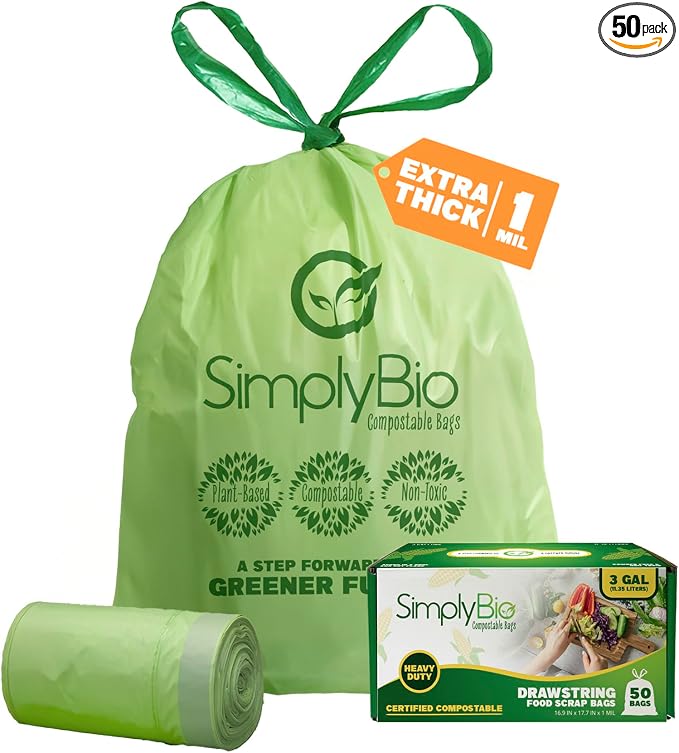 Simply Bio 3 Gallon Compostable Trash Bags Liners Drawstring, Heavy Duty Extra by SimplyBio