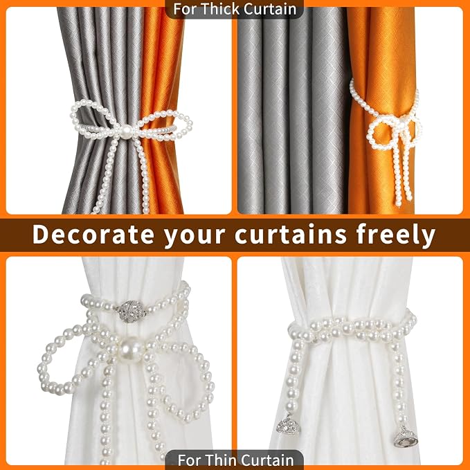 Magnetic Tiebacks for Curtains, 2 Pack Bow Pearl Curtain tiebacks Curtain - Image 5