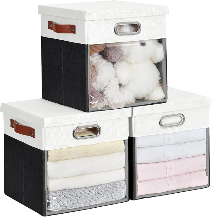 Fabric Storage Cubes with Clear Windows and Lids 11'' Foldable Storage Bins by Roobyl