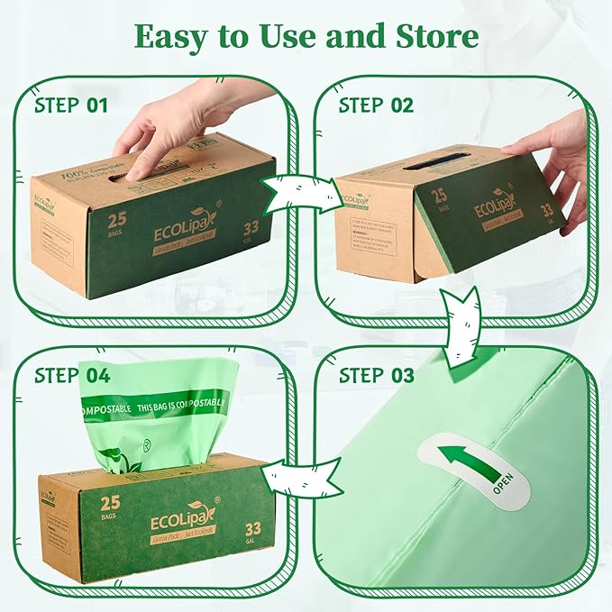 ECOLipak 33 Gallon Compostable Trash Garbage Bags, US BPI ASTM D6400 and OK - Image 5