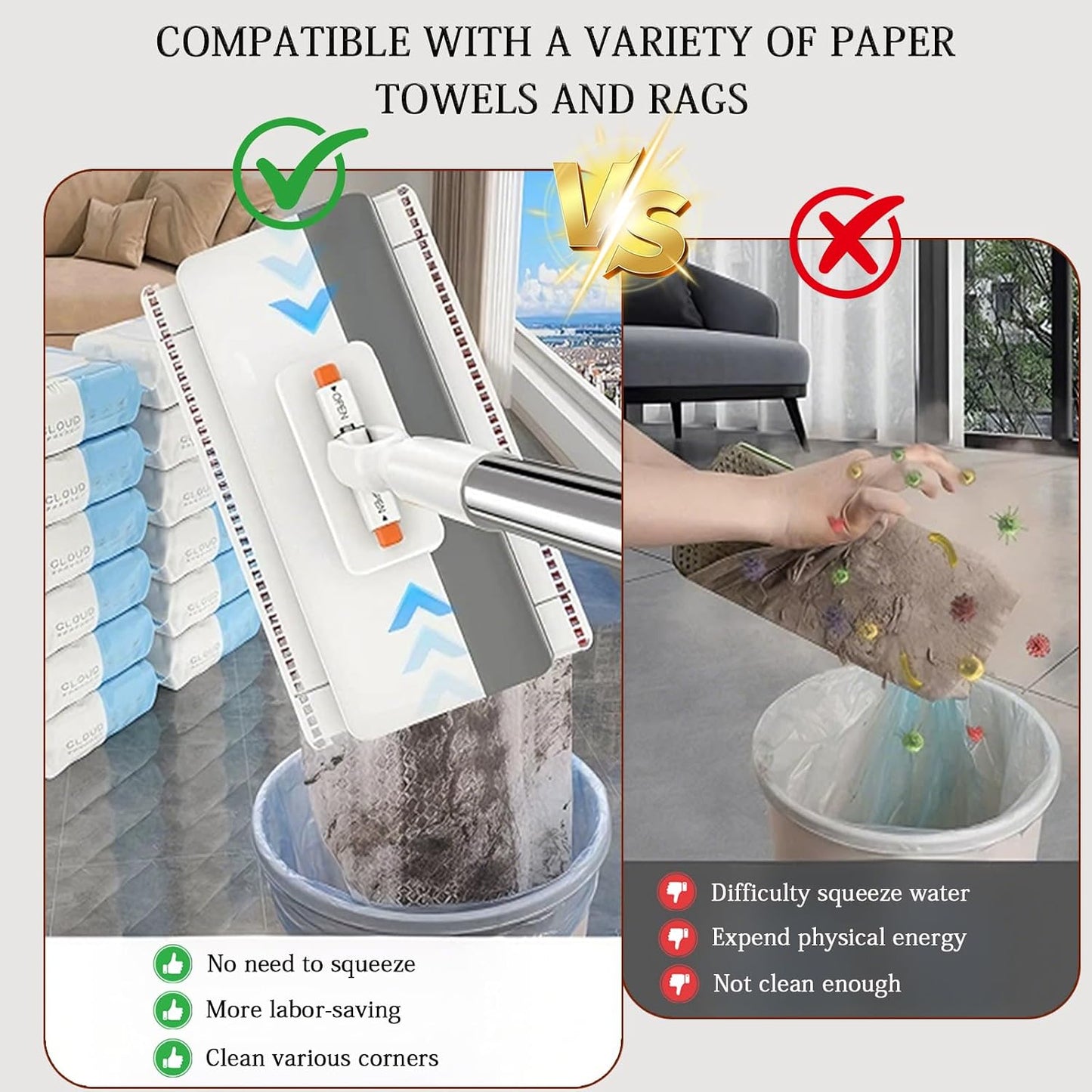 Quick Grip Mini Mop, Zero Touch MiniMop, Disposable Clip Mopstick Reusable Cloths, Retractable Gap Dust Cleaner Flat Mops with Locking Head & Sweeping Cloths (1*mop+10*Cloth)
