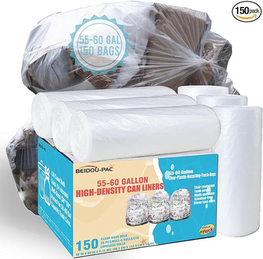 55-60 Gallon Trash Bags, Heavy Duty Clear Plastic Recycling Garbage Bags by BEIDOU-PAC