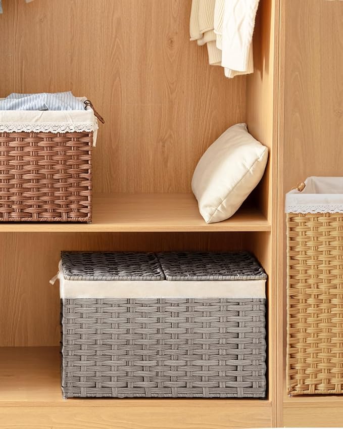 Storage Basket with Lid Rattan Storage Basket with 2 Separate Lid, 27.8 Gallon - Image 7