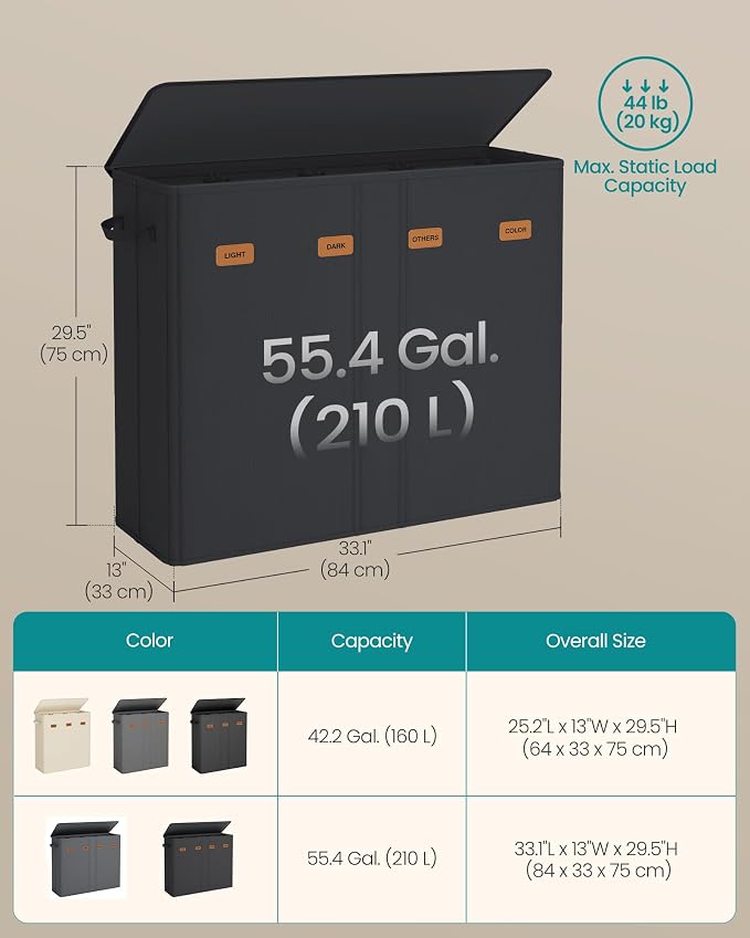 SONGMICS 55.4 Gallon Laundry Hamper, 4-Compartment Laundry Basket Sorter - Image 5