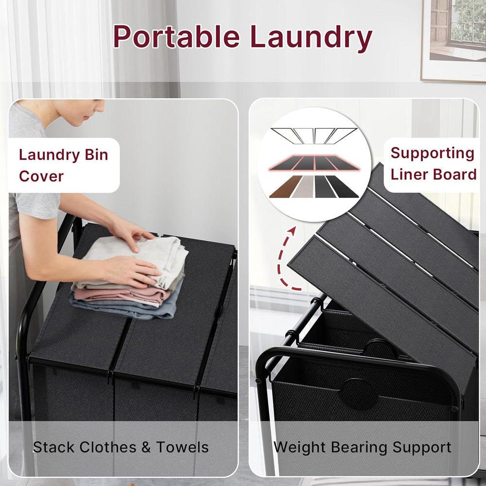 180L Laundry Sorter 4 Section with Lockable Wheels and Lid Black