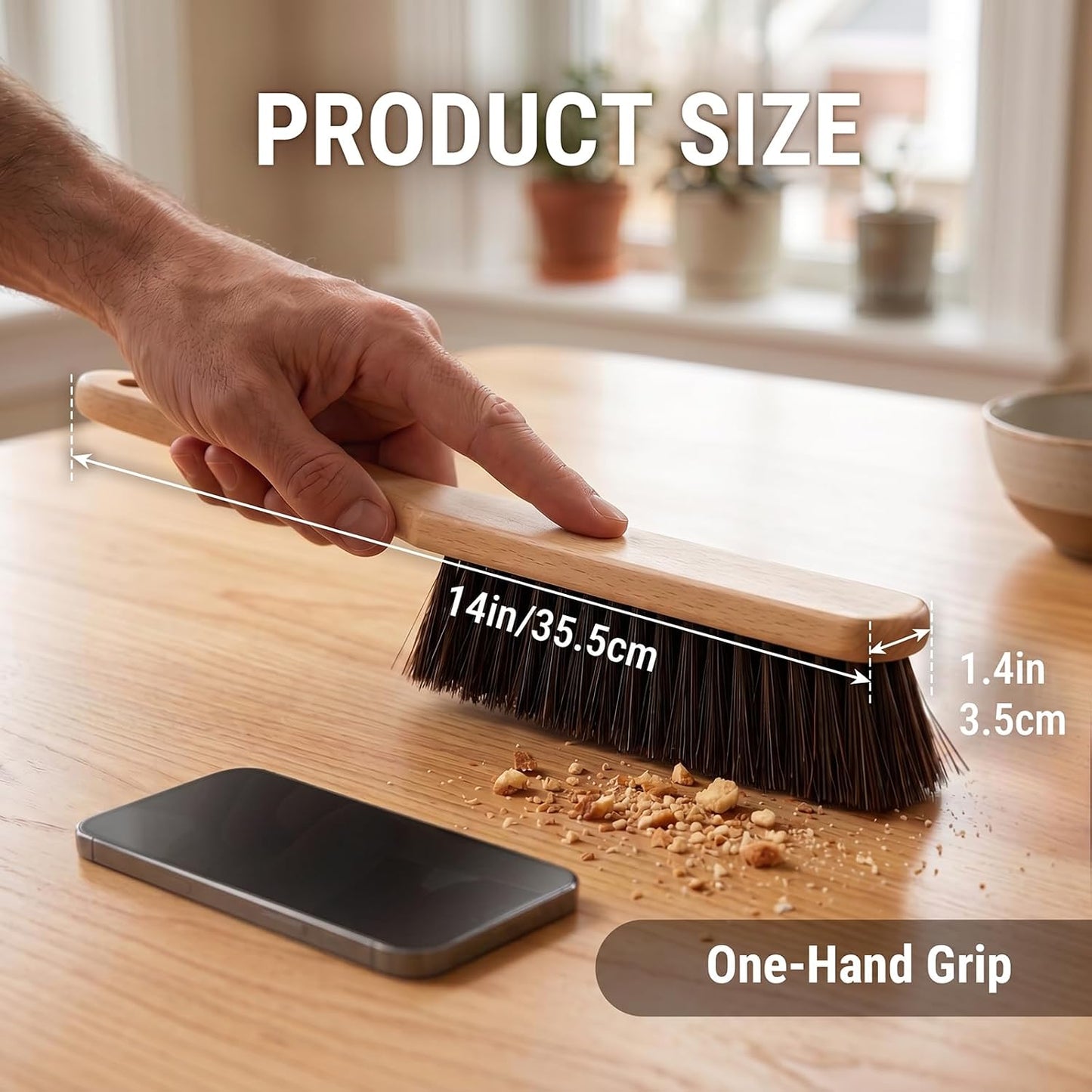 2 Pack Hand Broom Dust Brush with Soft Bristles, Wooden Bench Brush for Countertop, Sofa, Pet Hair, Keyboard, Car and Household Cleaning